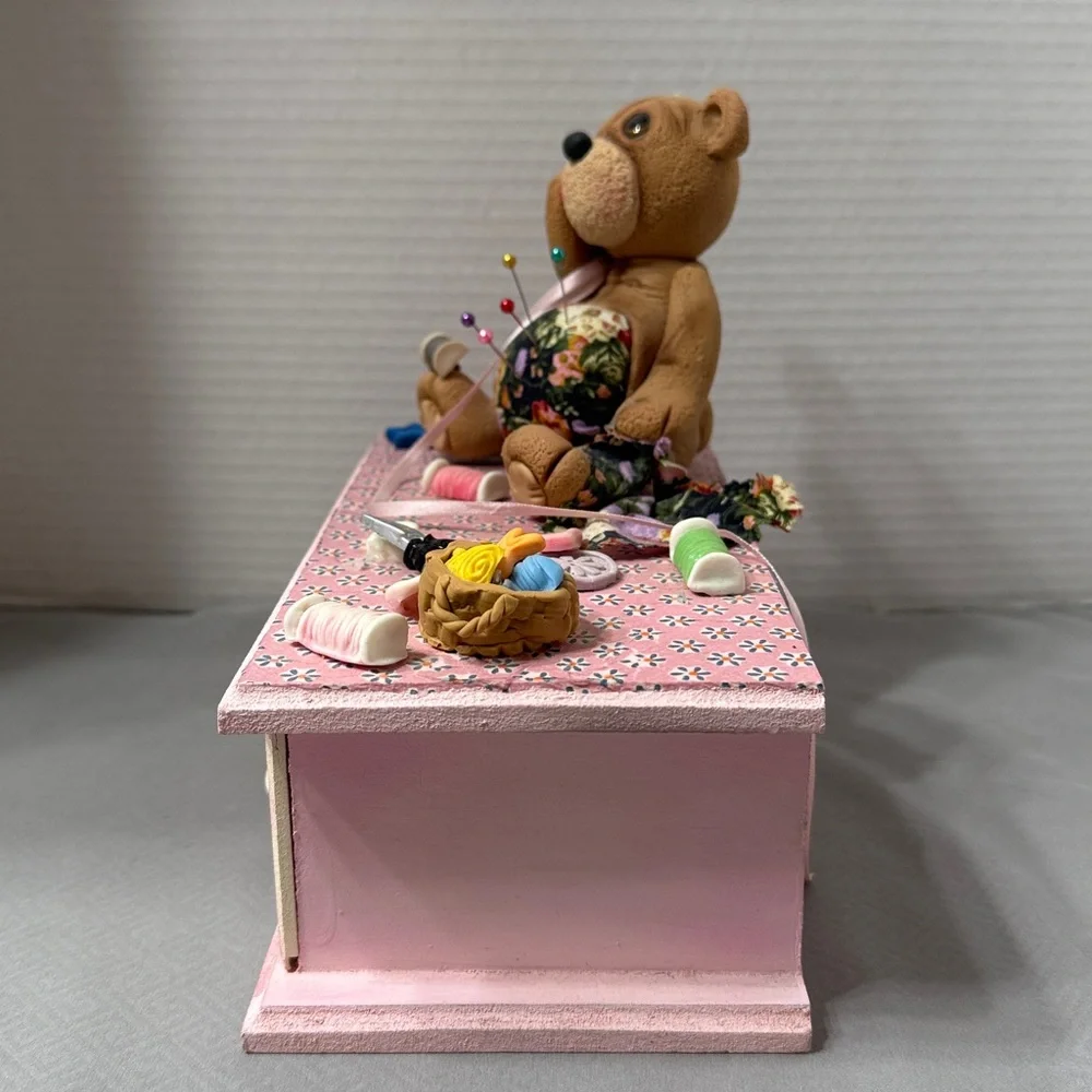Handmade Pink Sewing Box Trinket Organizer with Drawer Teddy Bear Pin Cushion